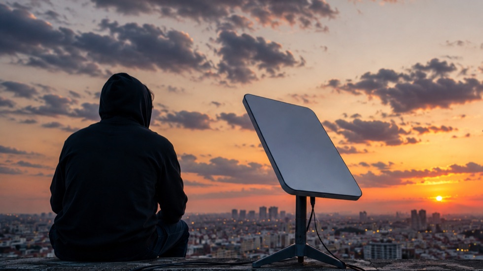 A person sitting on a rooftop beside a satellite dish, looking out over a city at sunset.