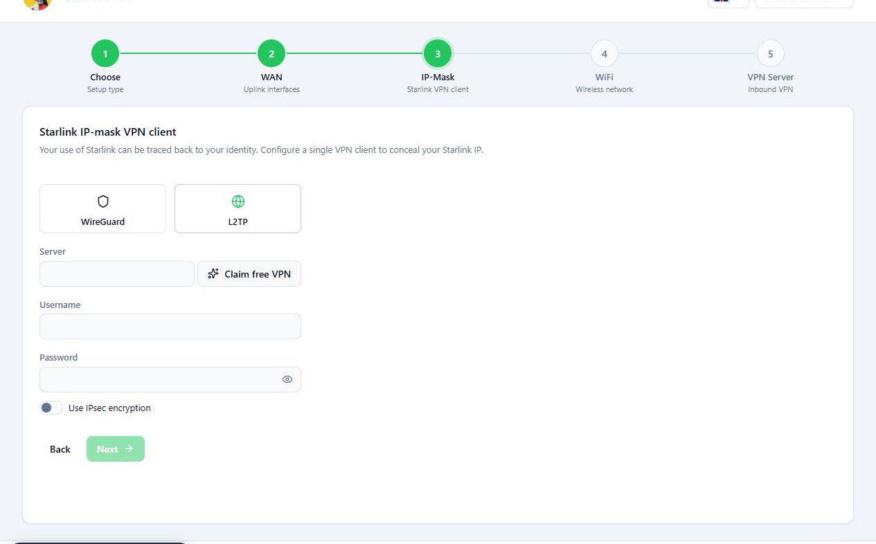 فرم اطلاعات اتصال L2TP در گام پنهانسازی IP