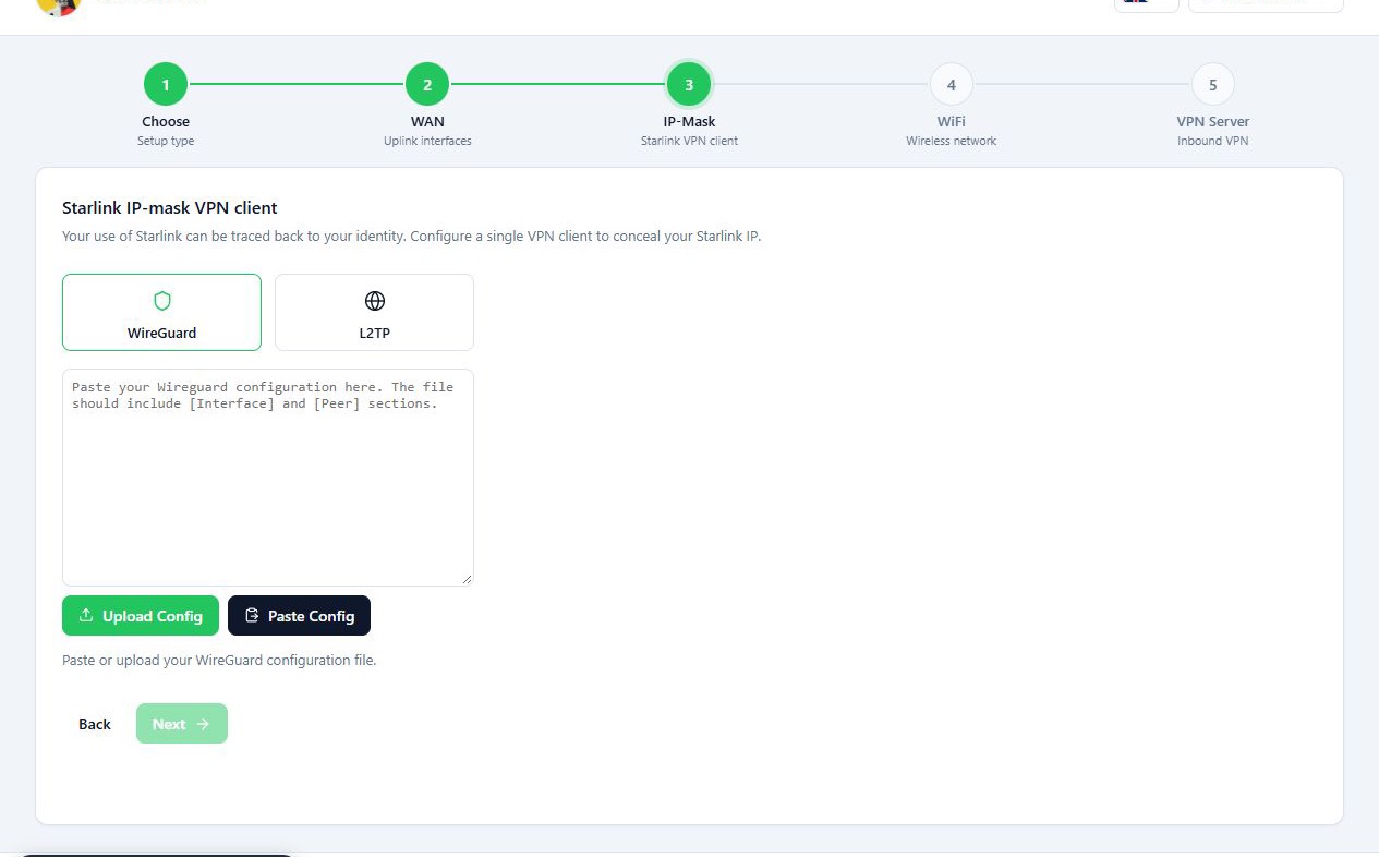 محل وارد کردن فایل یا متن پیکربندی WireGuard در گام پنهانسازی IP