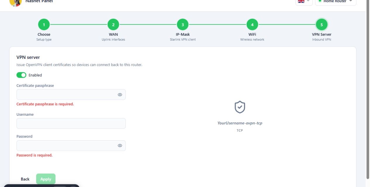 فرم اختیاری OpenVPN و اولین کاربر در راه‌انداز