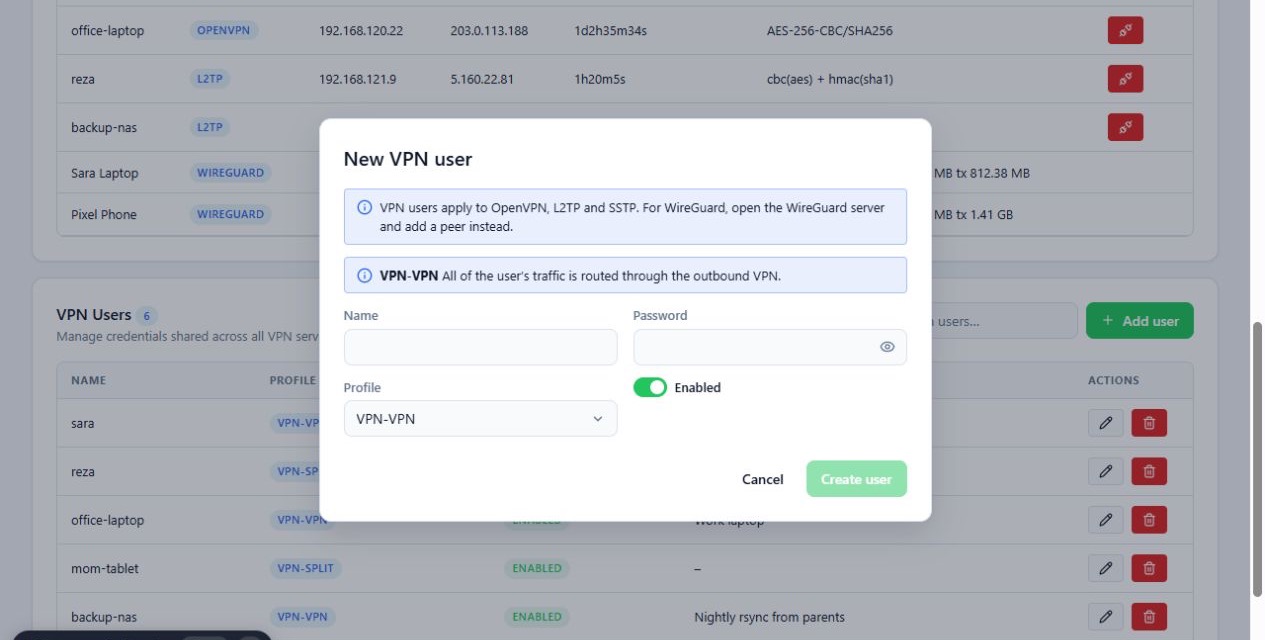 ساخت کاربر VPN و انتخاب پروفایل ترافیک