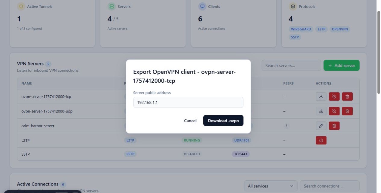 وارد کردن آدرس عمومی سرور هنگام دریافت فایل OpenVPN