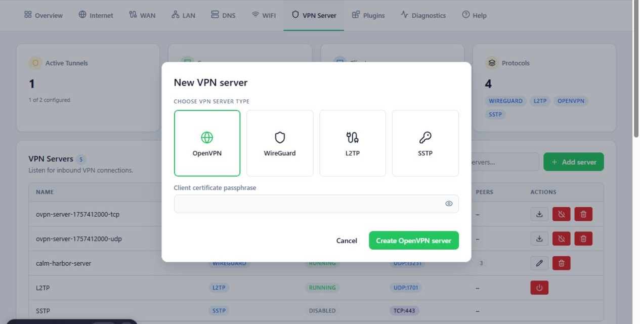 فرم ساخت سرور OpenVPN و تعیین عبارت عبور گواهی