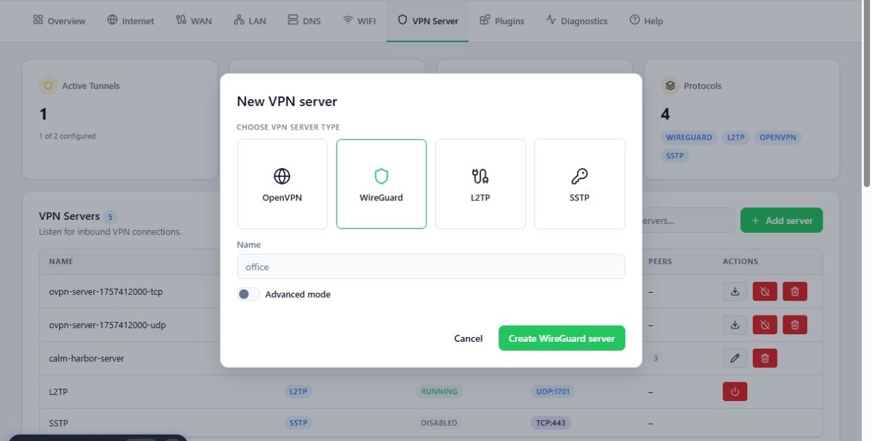 فرم ساخت سرور WireGuard با تنظیمات خودکار یا حالت پیشرفته